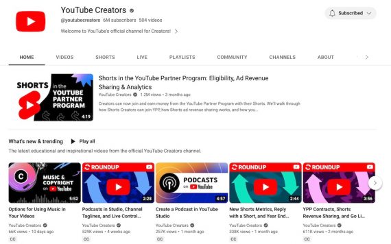 Page d'accueil des créateurs YouTube
